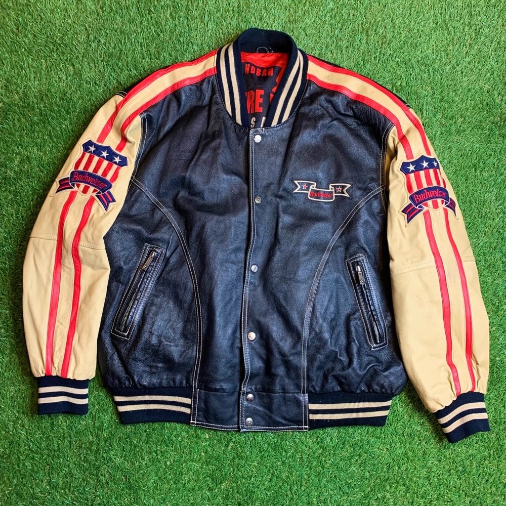RARE Vintage Michael Hoban Where MI Budweiser USA Flag Leather Bomber Jacket